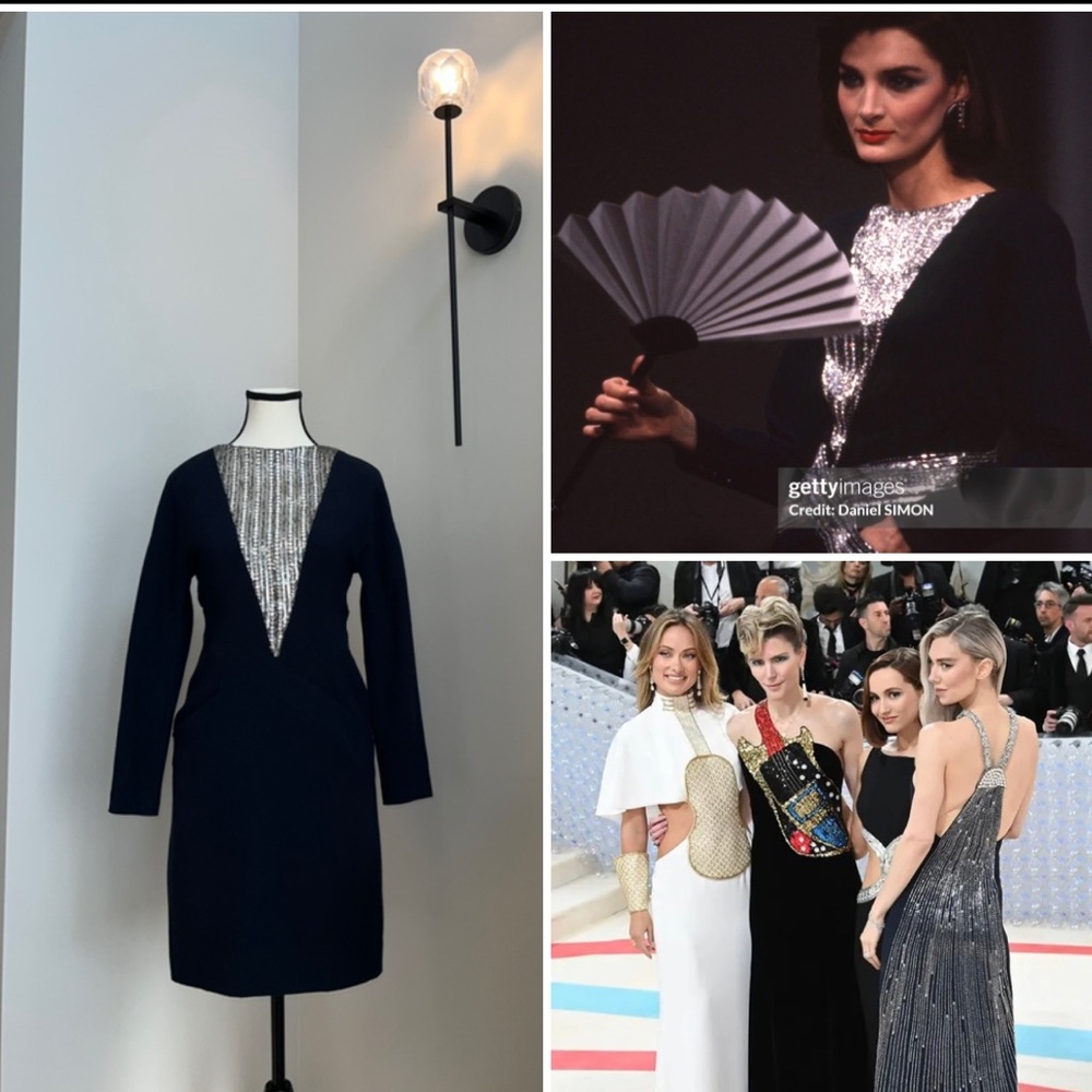 Vintage Runway Chloe F/W 1983  By Karl Lagerfeld Embellished Navy Dress